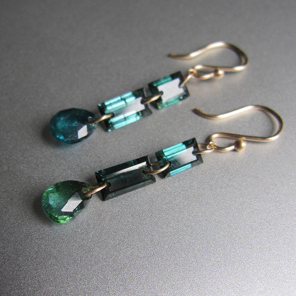 Indicolite Tourmaline Triple Drops, Solid 14k Gold Drop Earrings