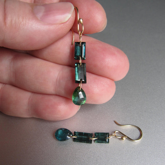 Indicolite Tourmaline Triple Drops, Solid 14k Gold Drop Earrings