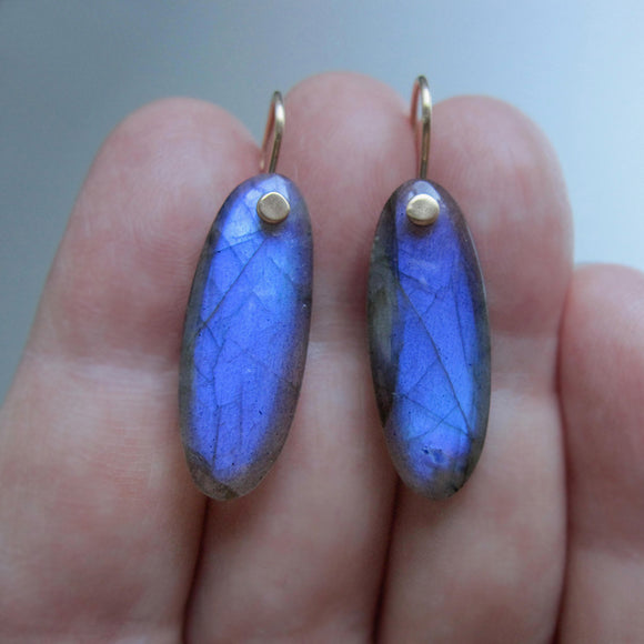 long blue labradorite oval drops solid 14k gold earrings