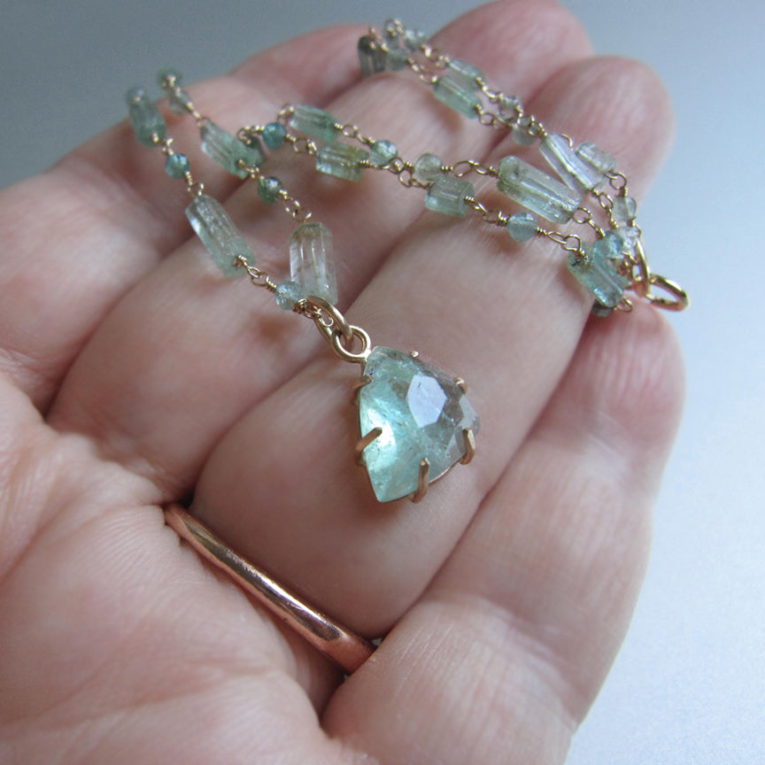 light blue green tourmaline crystal necklace with prong set rose cut pendant4