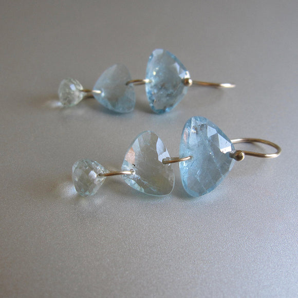 aquamarine trillion three stone drops solid 14k gold earrings