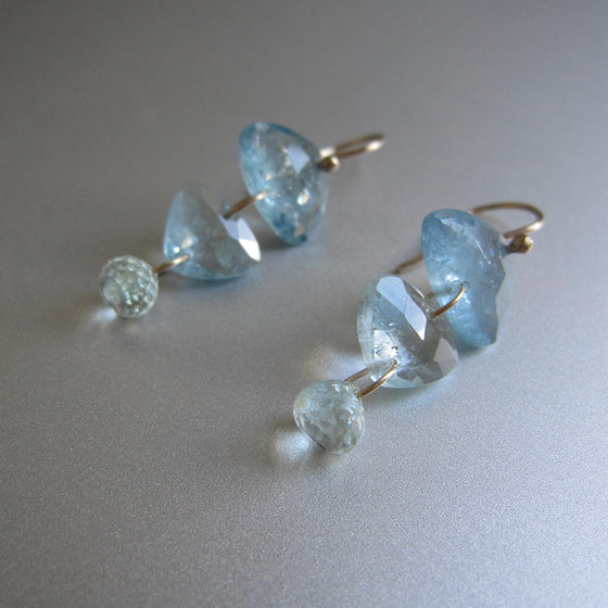 aquamarine trillion three stone drops solid 14k gold earrings