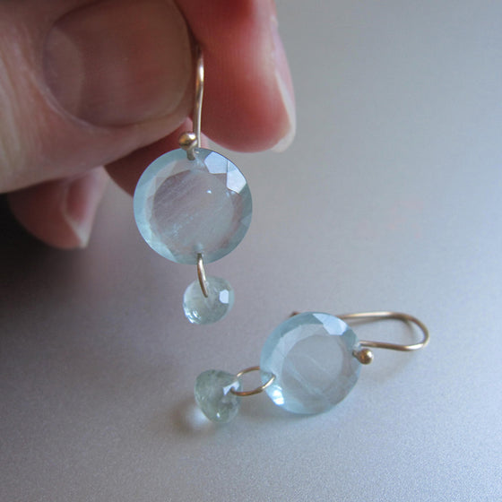 aquamarine edge faceted discs with small drops solid 14k gold earrings