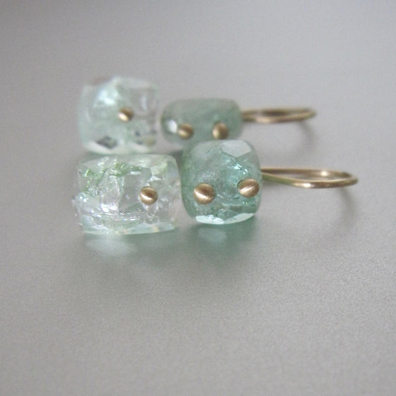 light green cushion cut tourmaline mismatched double drops solid 14k gold earrings