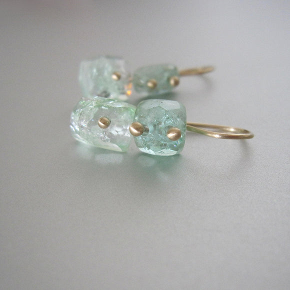 light green cushion cut tourmaline mismatched double drops solid 14k gold earrings