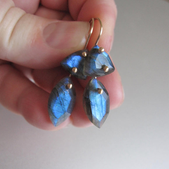 blue labradorite trillion and marquise double drops solid 14k gold earrings