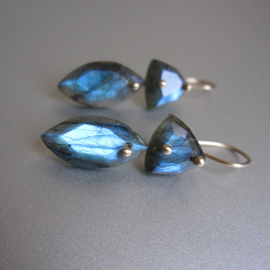 blue labradorite trillion and marquise double drops solid 14k gold earrings
