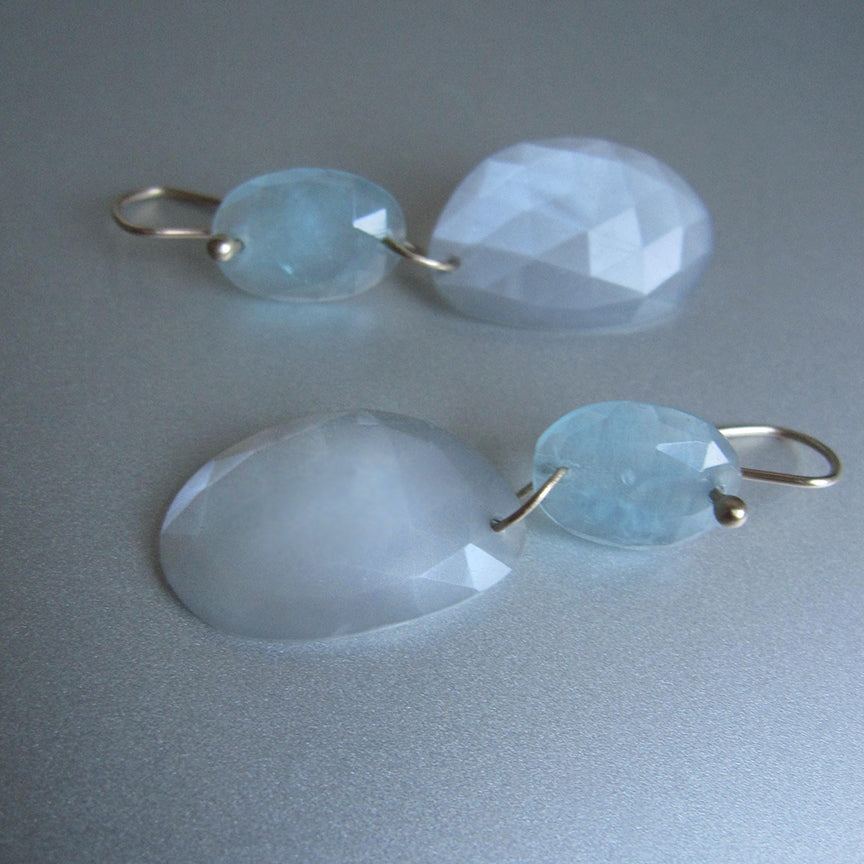 Aquamarine and gray moonstone large rose cut double drop solid 14k gold earrings4