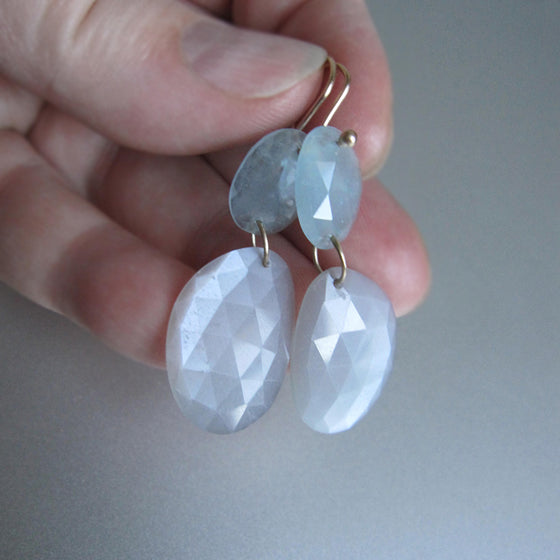 Aquamarine and gray moonstone large rose cut double drop solid 14k gold earrings