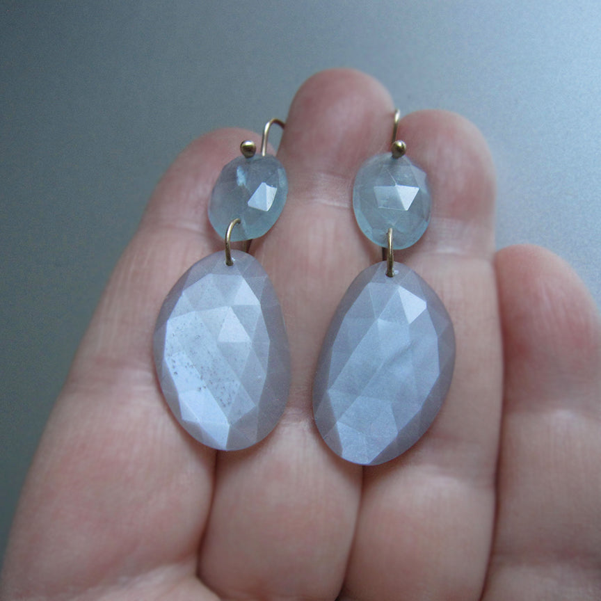 Aquamarine and gray moonstone large rose cut double drop solid 14k gold earrings5