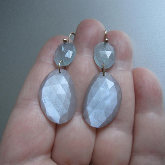 Aquamarine and gray moonstone large rose cut double drop solid 14k gold earrings