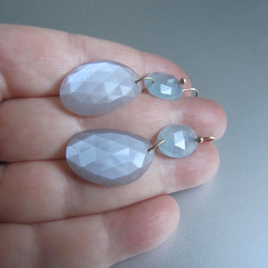 Aquamarine and gray moonstone large rose cut double drop solid 14k gold earrings6