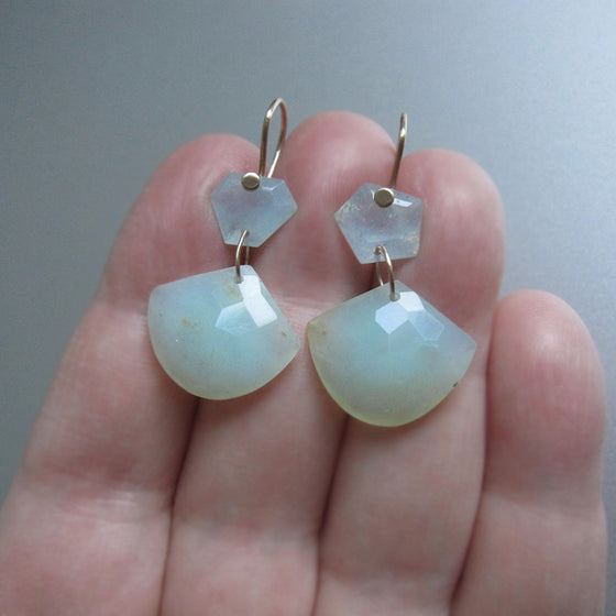 aquamarine and fan-shaped peruvian opal double drops solid 14k gold earrings