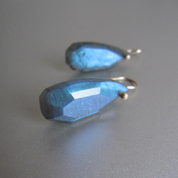 Teal Labradorite Long Drops Solid 14k Gold Earrings