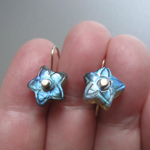 teal labradorite star flower solid 14k gold earrings