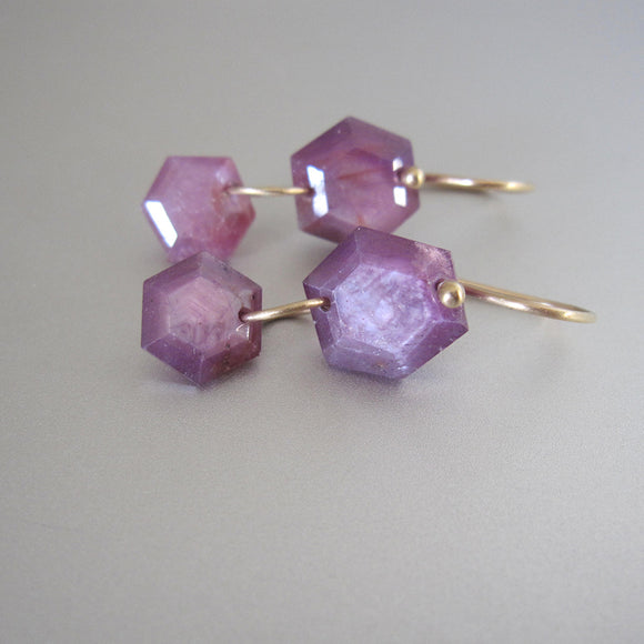 hexagonal pink ruby slice double drops solid 14k gold earrings