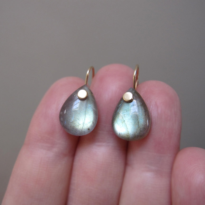 small smooth green labradorite drops solid 14k gold earrings