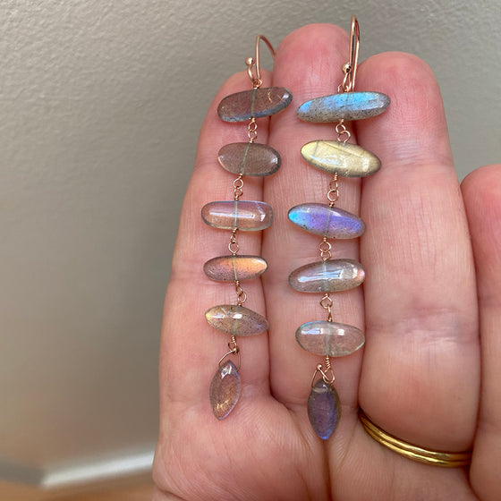 labradorite six pebble stone solid 14k rose gold earrings