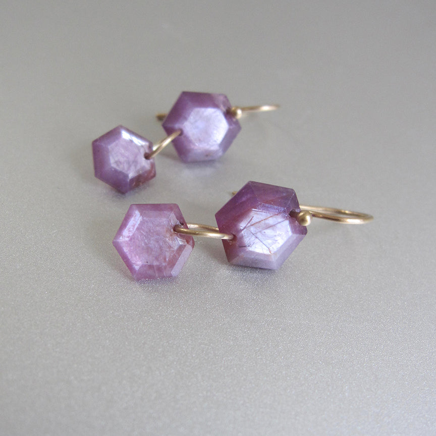 hexagonal pink ruby slice double drops solid 14k gold earrings