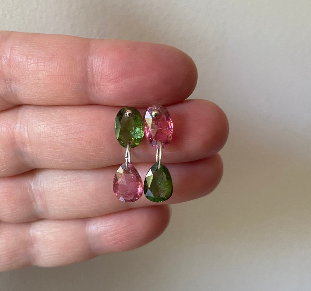 Custom Listing for Inge --- Pink and Green Tourmaline Double Drops, Solid 14k White Gold Earrings