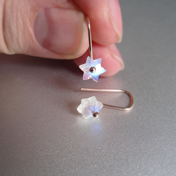 tiny rainbow moonstone carved star drops solid 14k rose gold earrings