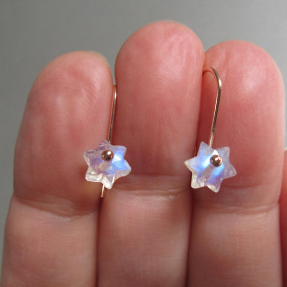 tiny rainbow moonstone carved star drops solid 14k rose gold earrings