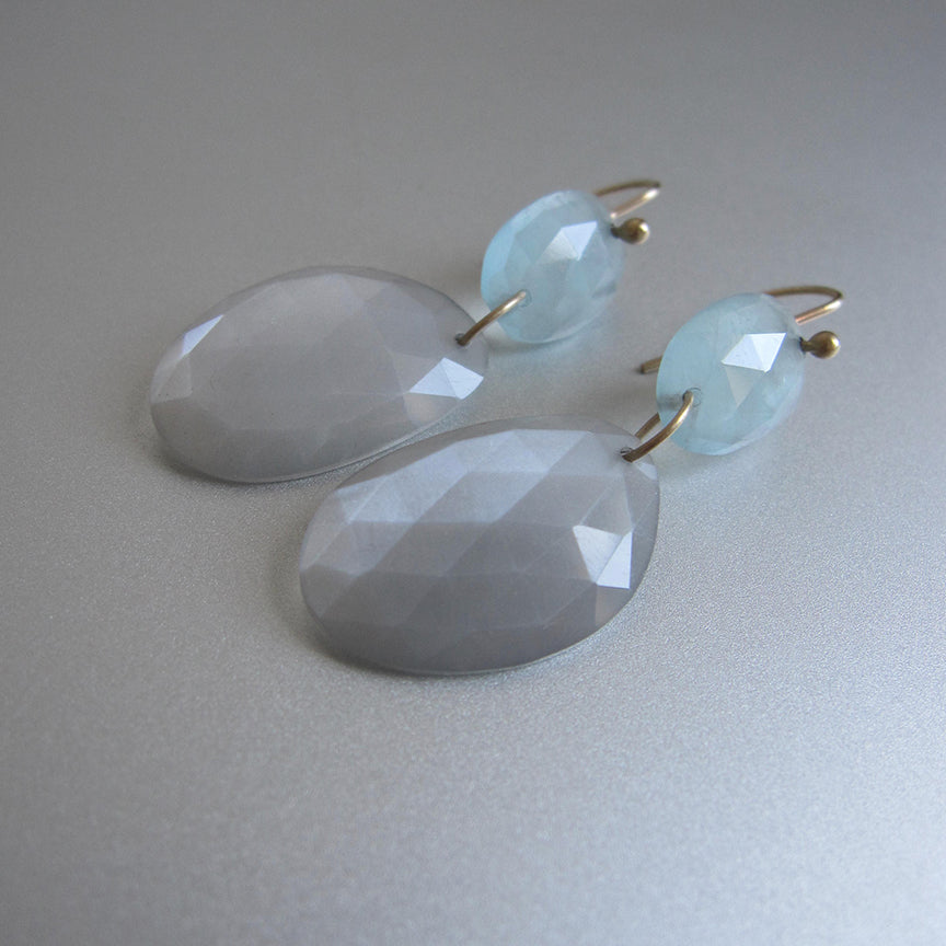 Aquamarine and gray moonstone large rose cut double drop solid 14k gold earrings3