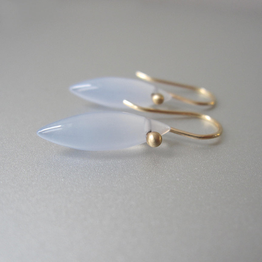 blue chalcedony smooth navette drops solid 14k gold earrings