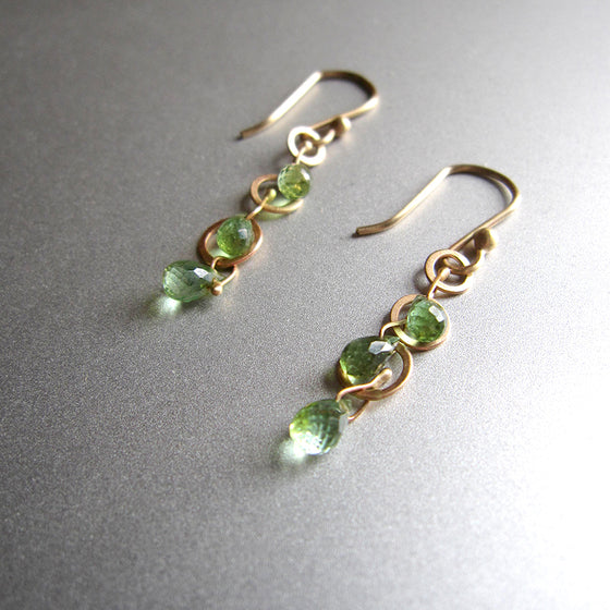 green tourmaline briolette triple drops and hammered loops solid 14k gold earrings2