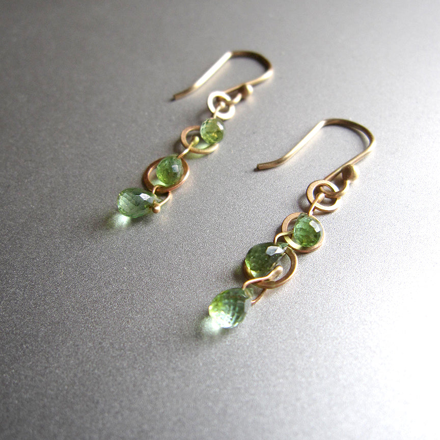 green tourmaline briolette triple drops and hammered loops solid 14k gold earrings2