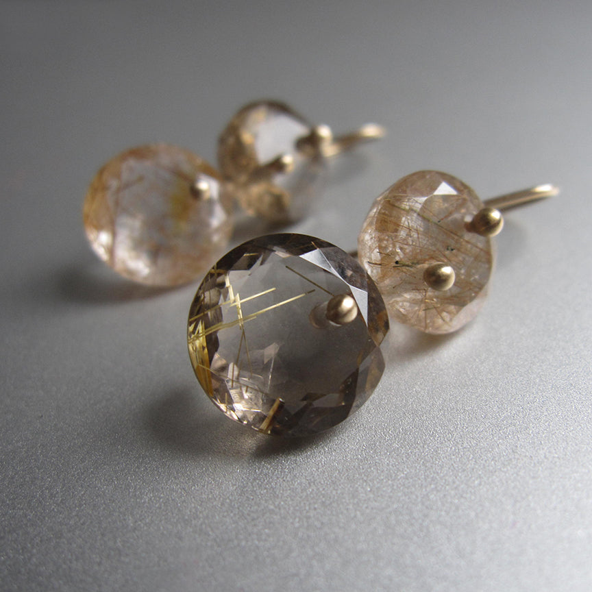 Golden and Copper Rutilated Quartz Round Double Drops Solid 14k Gold Earrings6