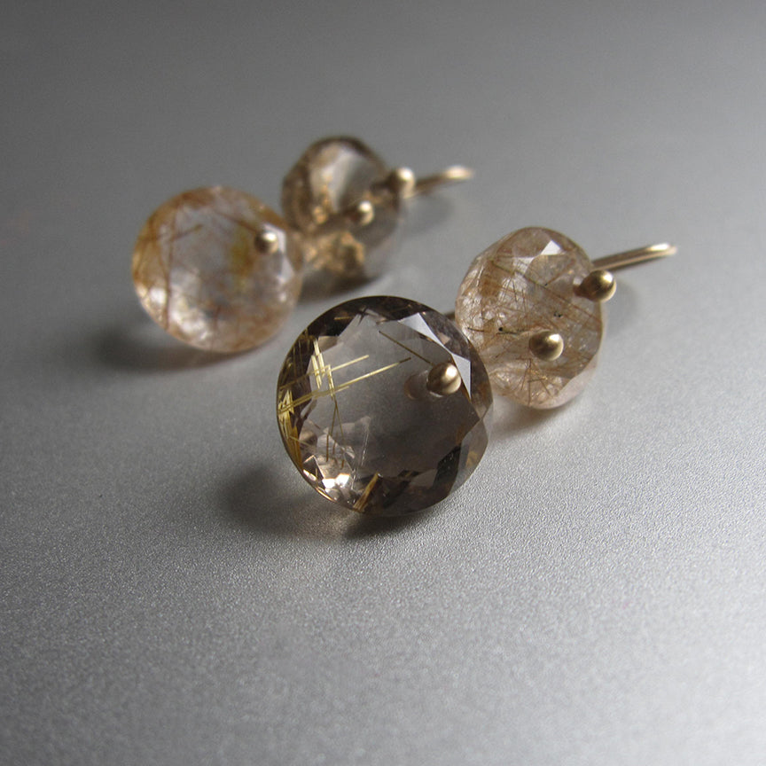 Golden and Copper Rutilated Quartz Round Double Drops Solid 14k Gold Earrings5