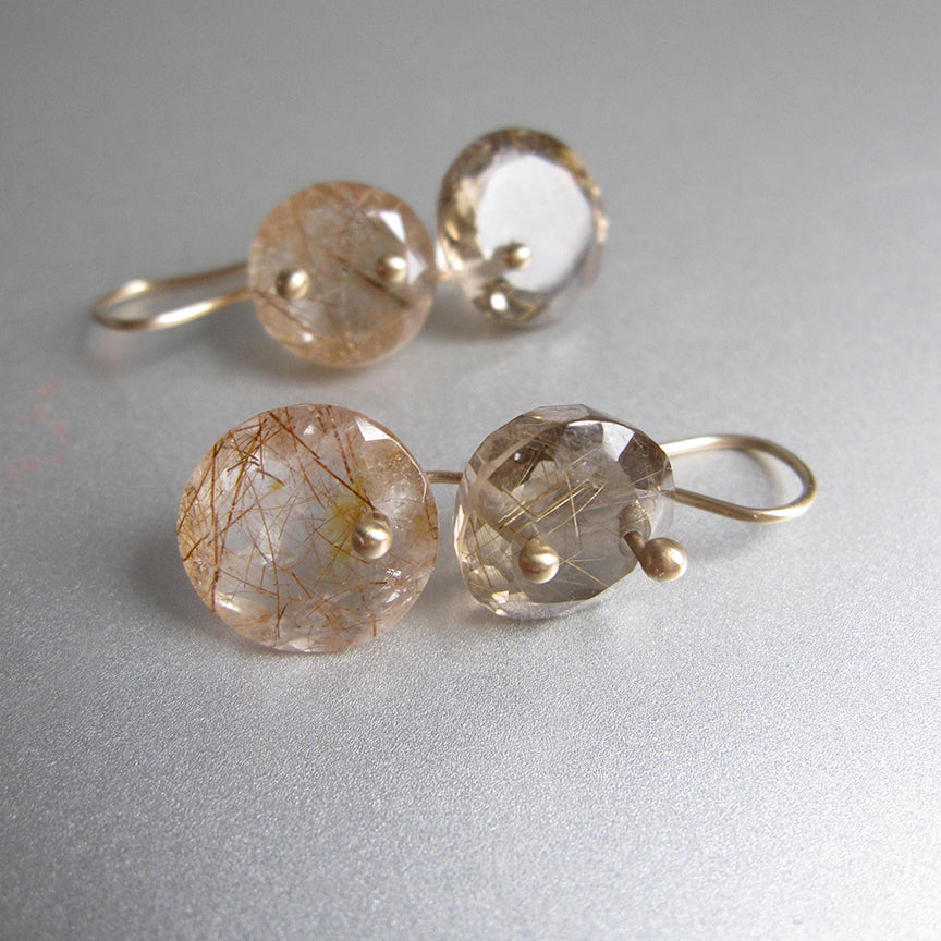 Golden and Copper Rutilated Quartz Round Double Drops Solid 14k Gold Earrings