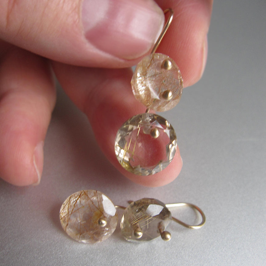 Golden and Copper Rutilated Quartz Round Double Drops Solid 14k Gold Earrings4
