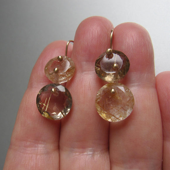 Golden and Copper Rutilated Quartz Round Double Drops Solid 14k Gold Earrings5