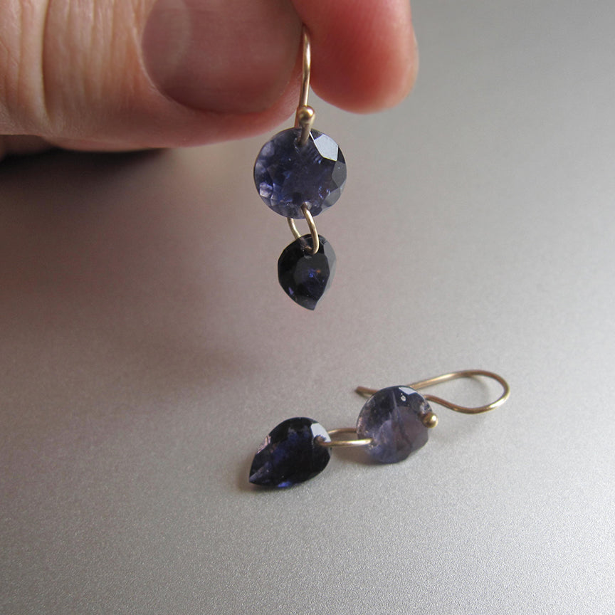 iolite blue double drop solid 14k gold earrings