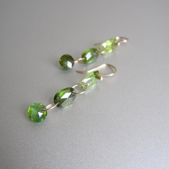 chrome green tourmaline triple drops solid 14k gold earrings