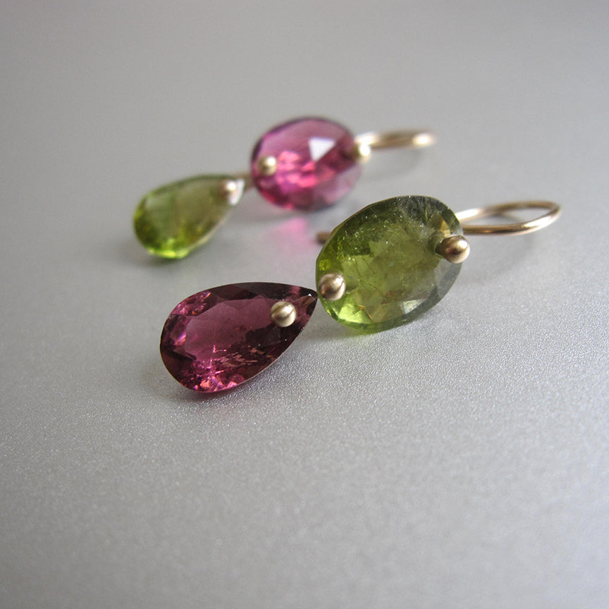 pink and green mismatched tourmaline double drops solid 14k gold earrings