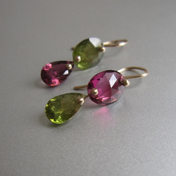 pink and green mismatched tourmaline double drops solid 14k gold earrings