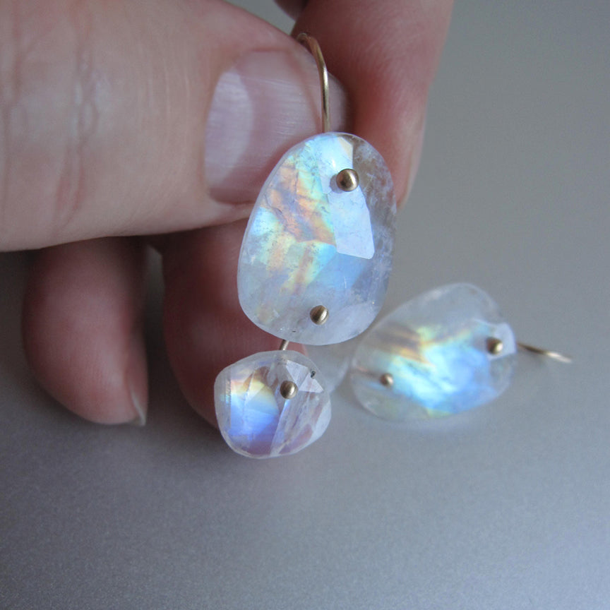 Rainbow Moonstone Mismatched Double Drops Solid 14k Gold Earrings2