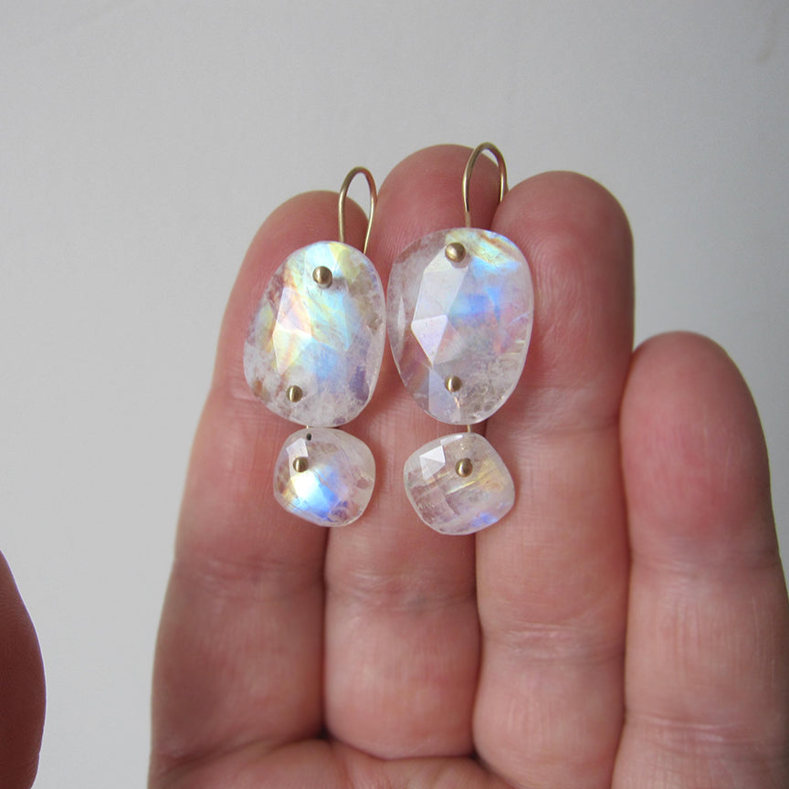 Rainbow Moonstone Mismatched Double Drops Solid 14k Gold Earrings5