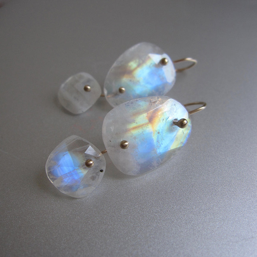 Rainbow Moonstone Mismatched Double Drops Solid 14k Gold Earrings6