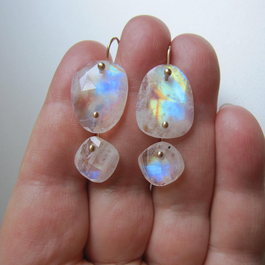 Rainbow Moonstone Mismatched Double Drops Solid 14k Gold Earrings7