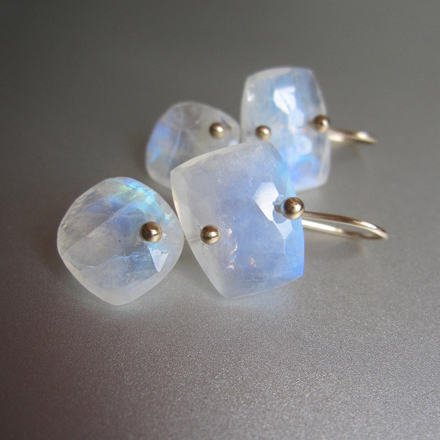 Rainbow Moonstone Faceted Cushion Double Drops Solid 14k Gold Earrings