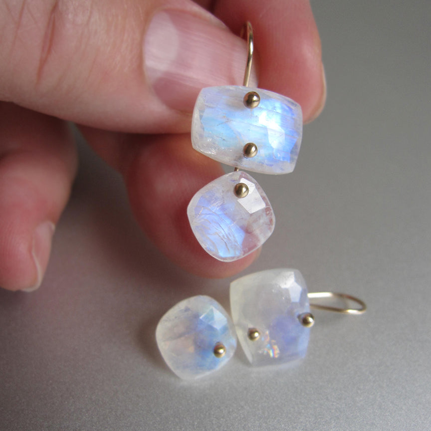 Rainbow Moonstone Faceted Cushion Double Drops Solid 14k Gold Earrings2