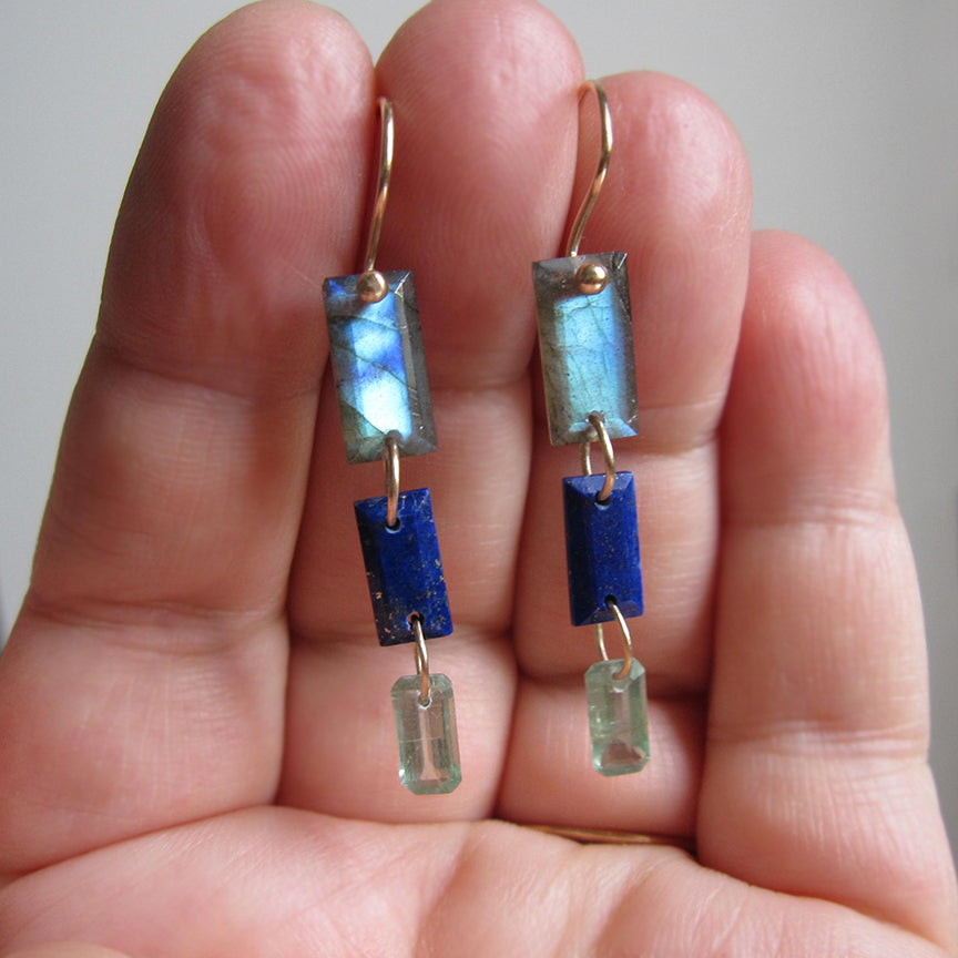 Labradorite, Lapis Lazuli, and Kyanite Baguettes, Triple Drops, Solid 14k Gold Drop Earrings