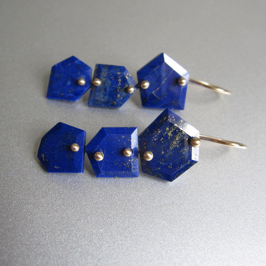 Lapis lazuli geometric mismatched slice triple drop solid 14k gold earrings