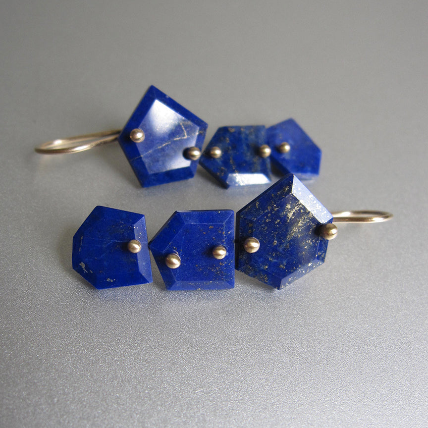 Lapis lazuli geometric mismatched slice triple drop solid 14k gold earrings3