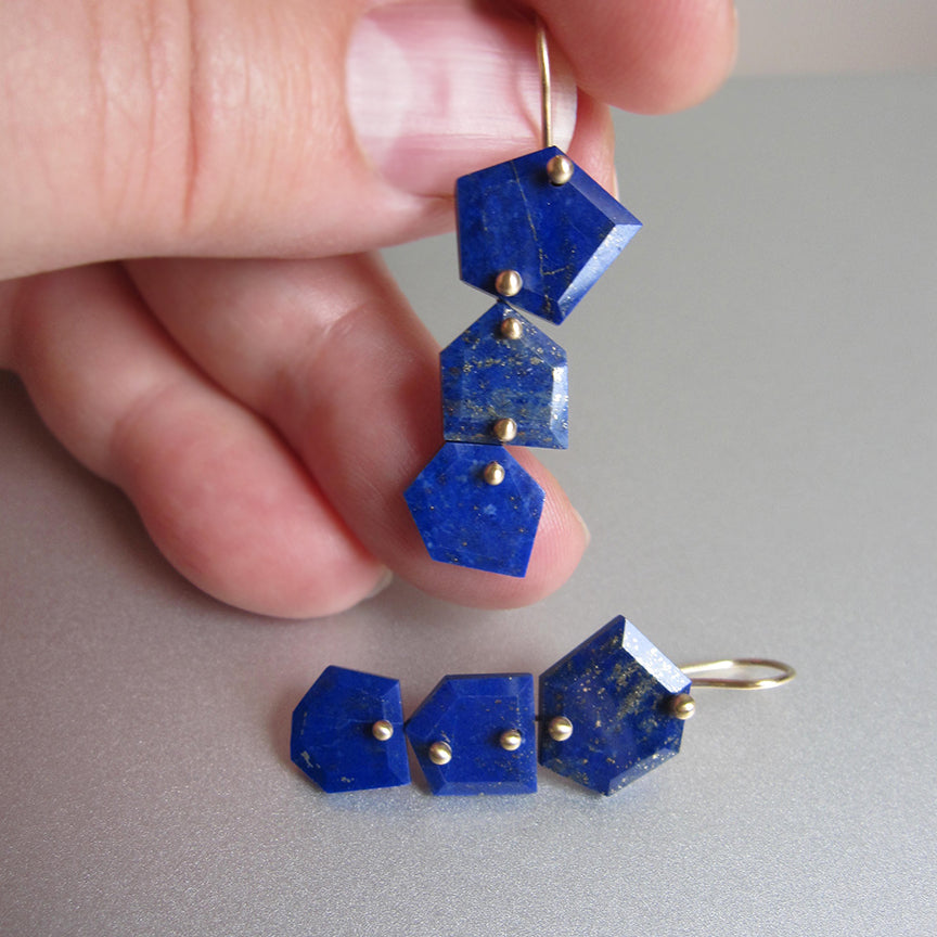 Lapis lazuli geometric mismatched slice triple drop solid 14k gold earrings4