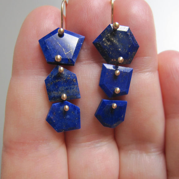 Lapis lazuli geometric mismatched slice triple drop solid 14k gold earrings